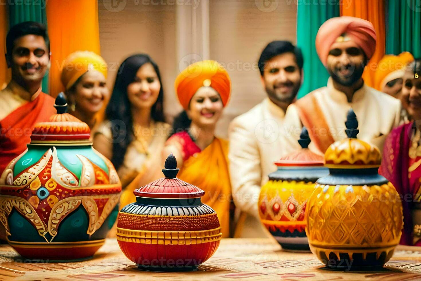 a group of people in indian attire posing for a photo. AI-Generated photo