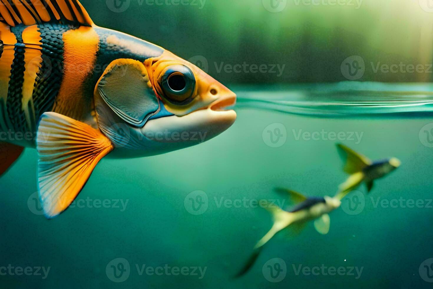 a fish swimming in the water with a fish in the background. AI-Generated photo