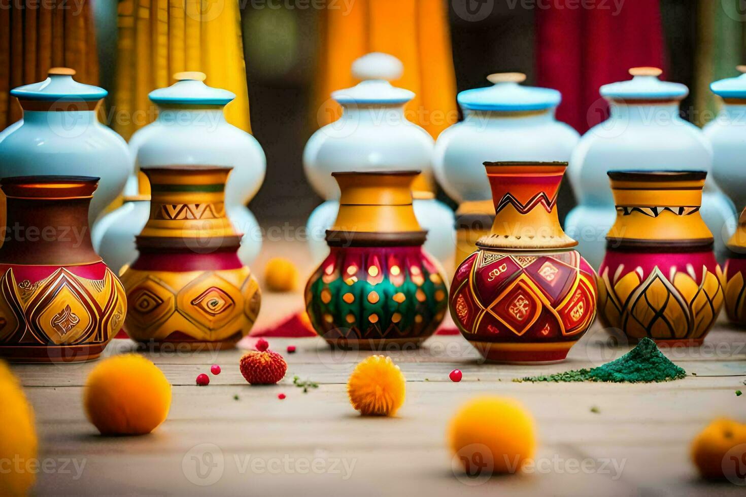colorful vases with colorful designs on them. AI-Generated photo