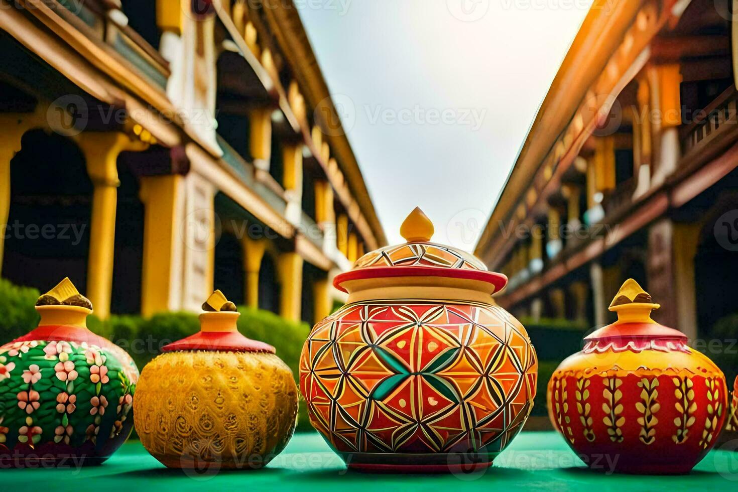 colorful vases on a green table in front of a building. AI-Generated photo