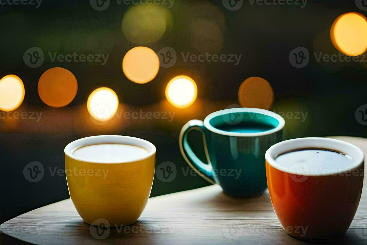 three coffee cups on a table with blurred lights. AI-Generated photo