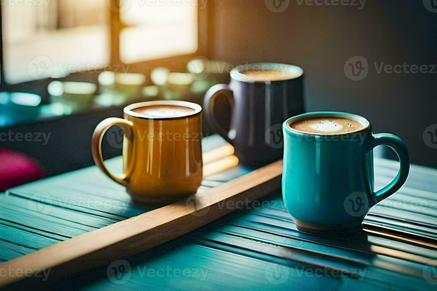 three coffee cups on a table. AI-Generated photo