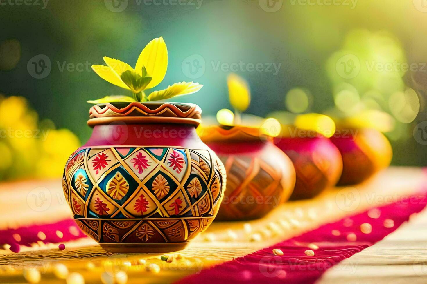 colorful pots with plants on a table. AI-Generated photo
