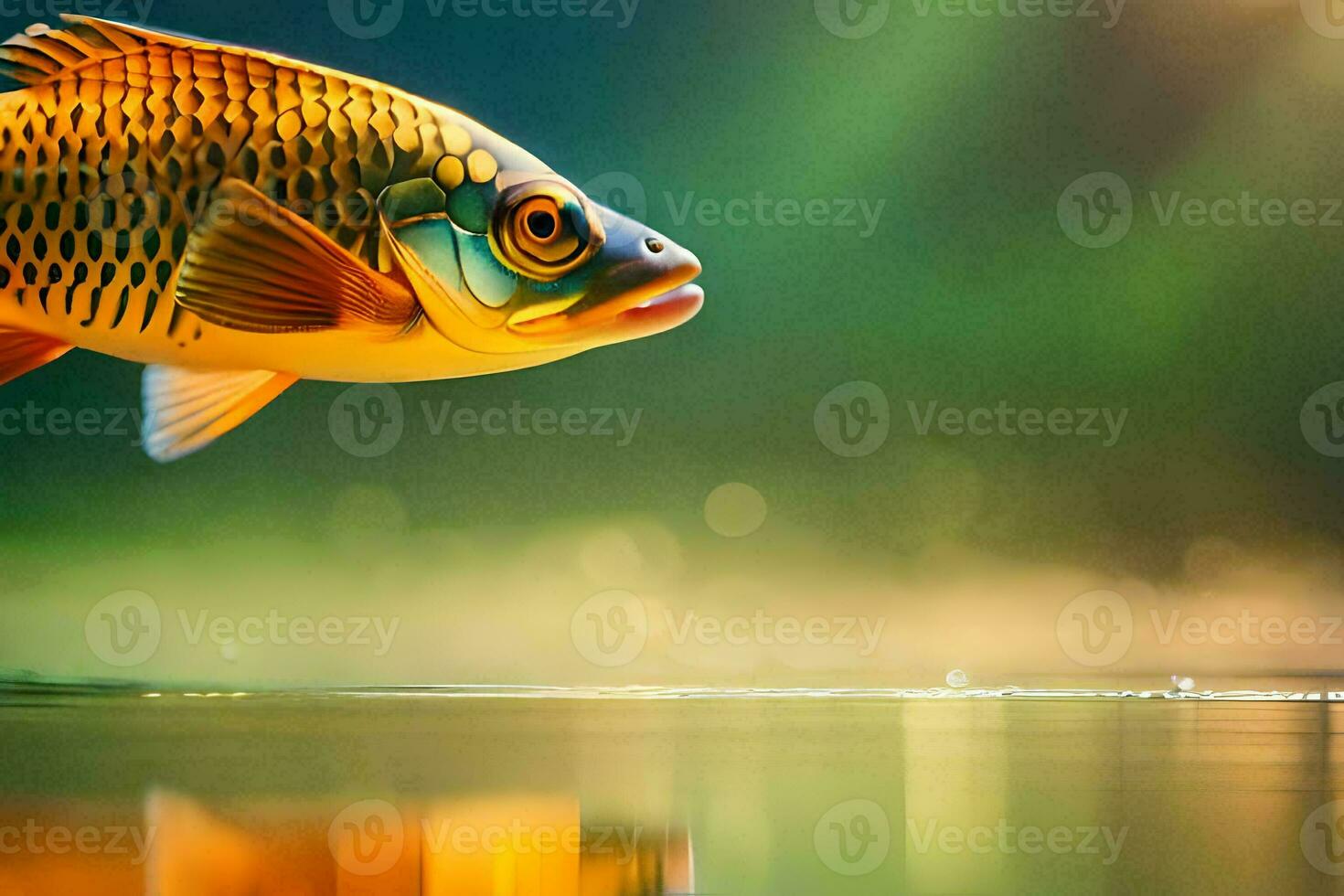 a fish is flying over water with sunlight shining. AI-Generated photo