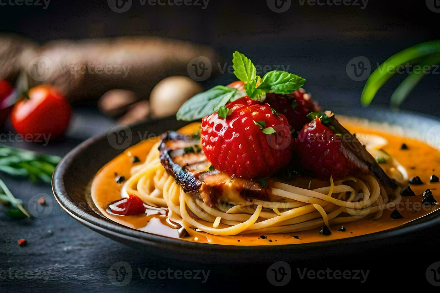 spaghetti with tomato sauce and strawberries on a black plate. AI-Generated photo