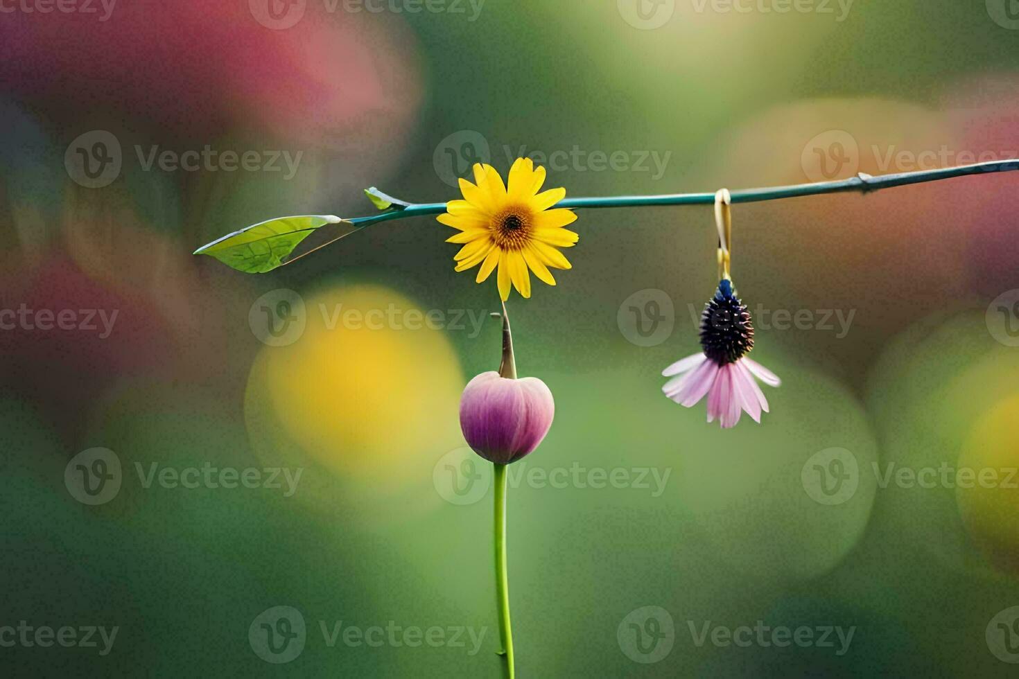 a flower and earrings hanging from a branch. AI-Generated photo