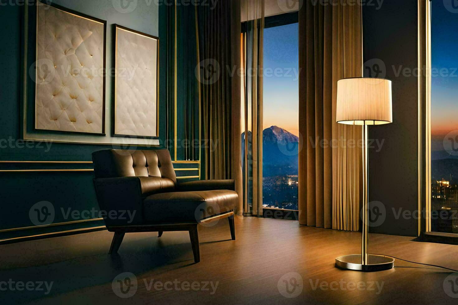 a modern living room with a lamp and chair. AI-Generated photo