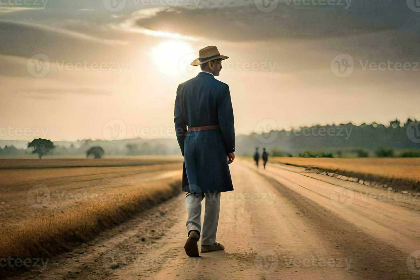 a man in a hat and coat walks down a dirt road. AI-Generated photo