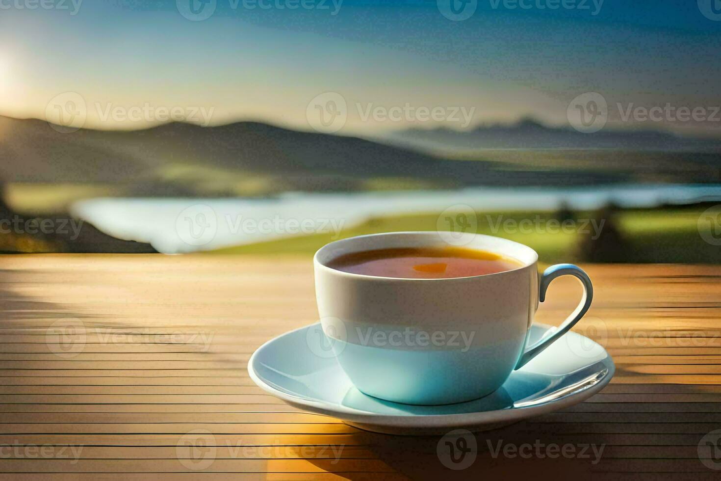 a cup of tea on a wooden table with a view of a lake and mountains. AI-Generated photo