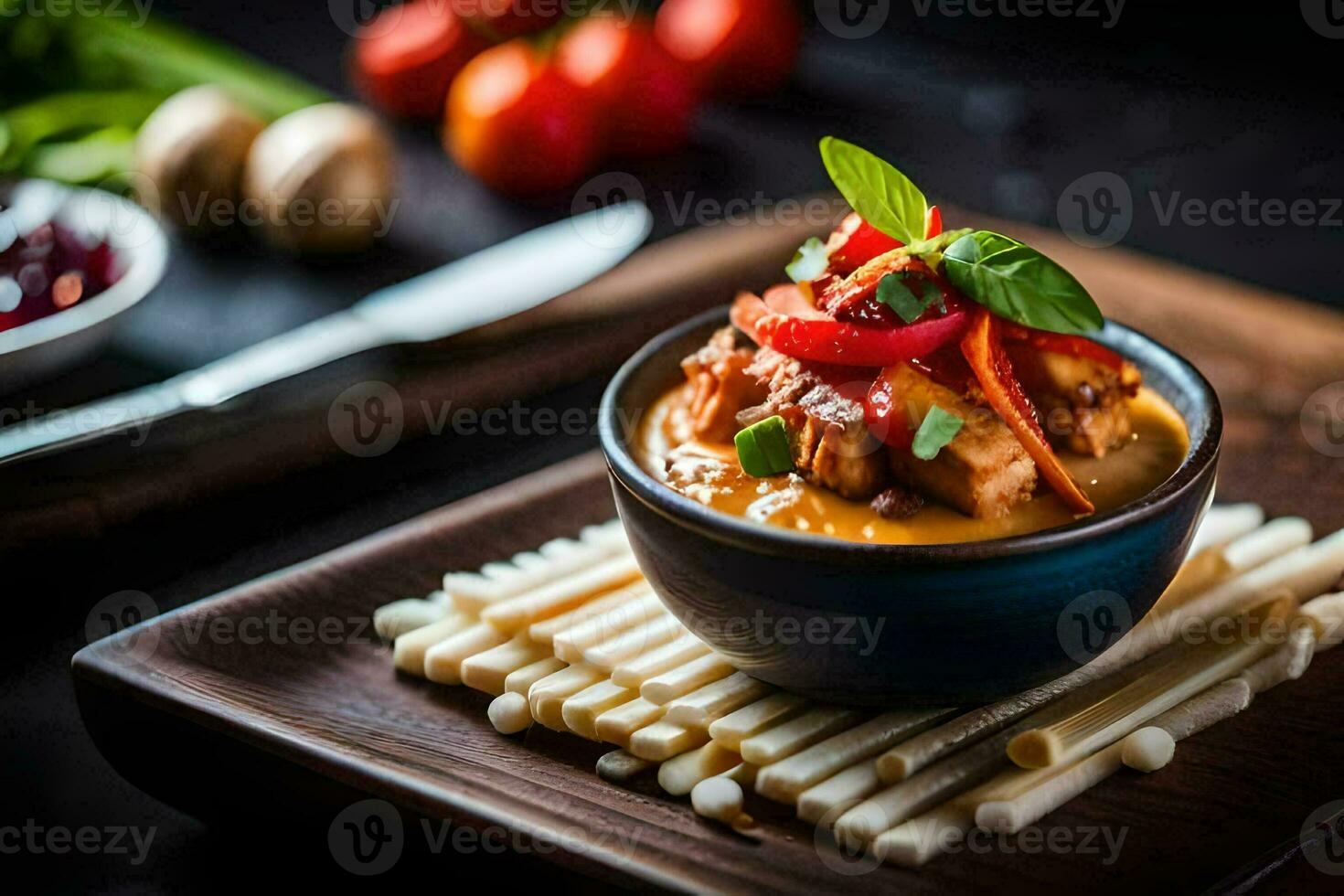 the food is served in a bowl with a wooden spoon. AI-Generated photo