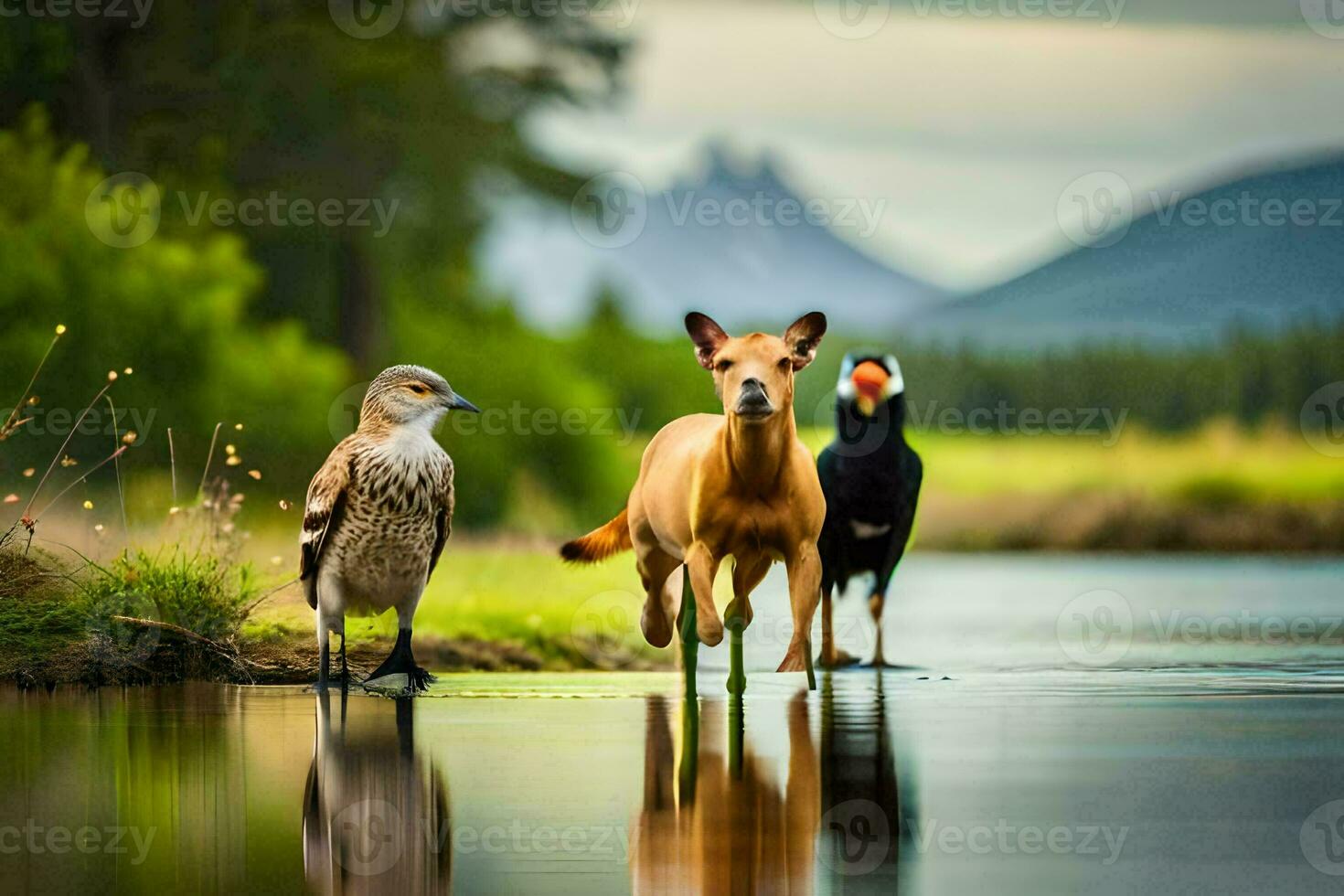 two birds and a dog standing in the water. AI-Generated photo