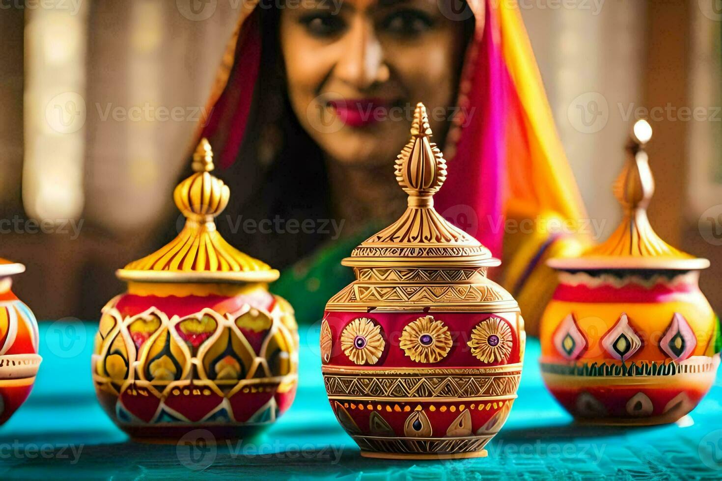 a woman in sari standing next to colorful pots. AI-Generated photo