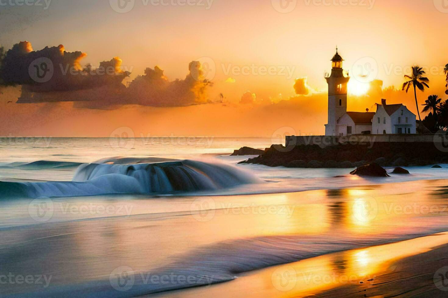 a lighthouse sits on the beach at sunset. AI-Generated photo