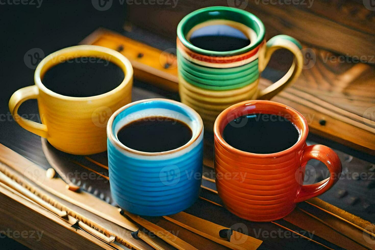 three colorful coffee cups on a wooden table. AI-Generated photo