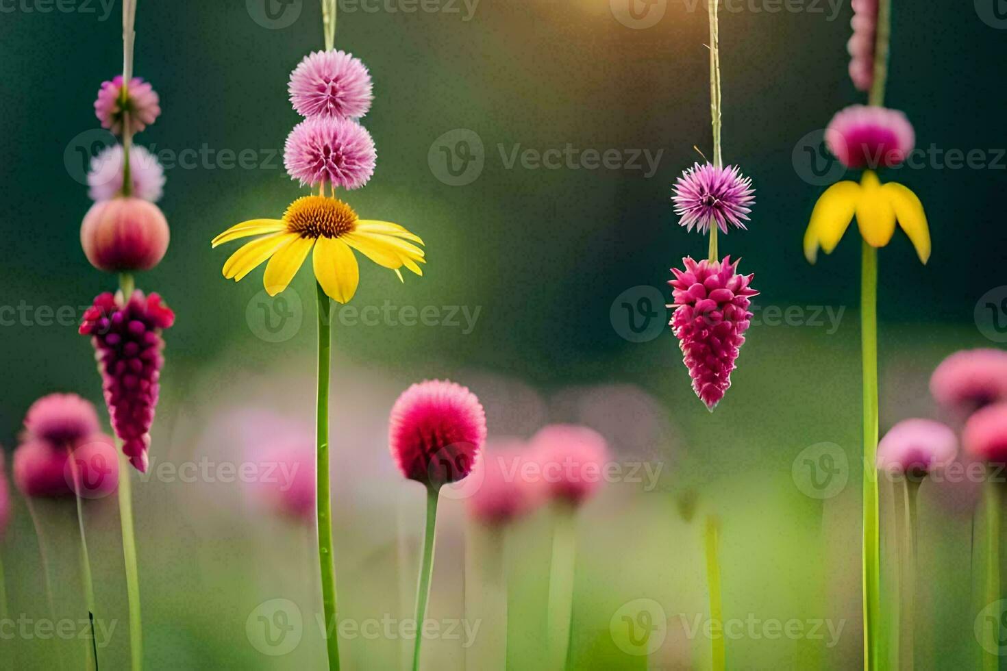 flowers hanging from a string in a field. AI-Generated photo