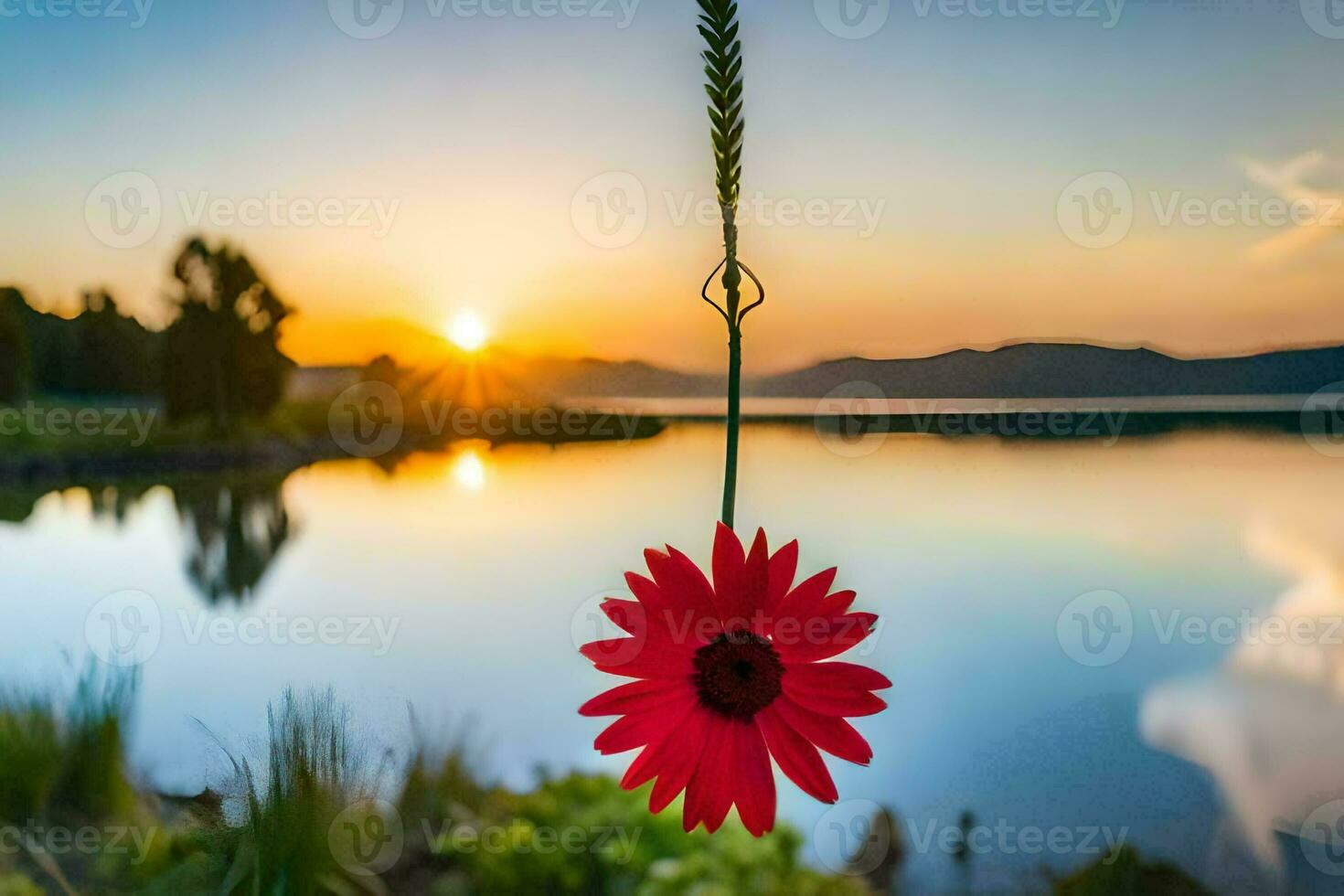 a red flower hangs from a hook over a lake at sunset. AI-Generated photo