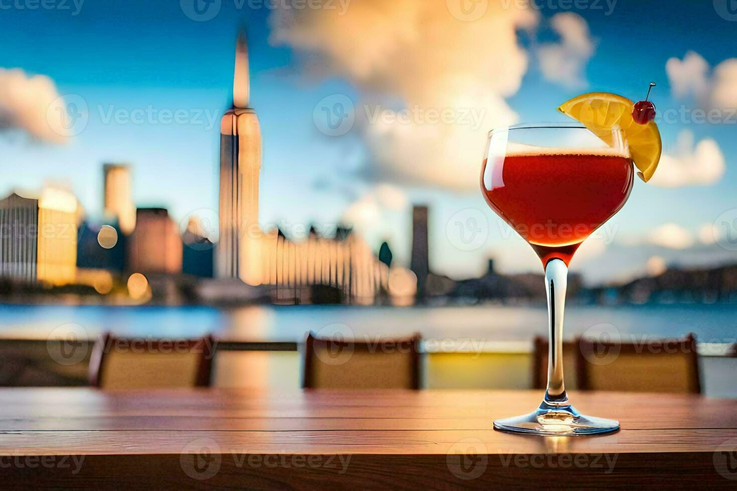 a cocktail with a view of the city skyline. AI-Generated photo