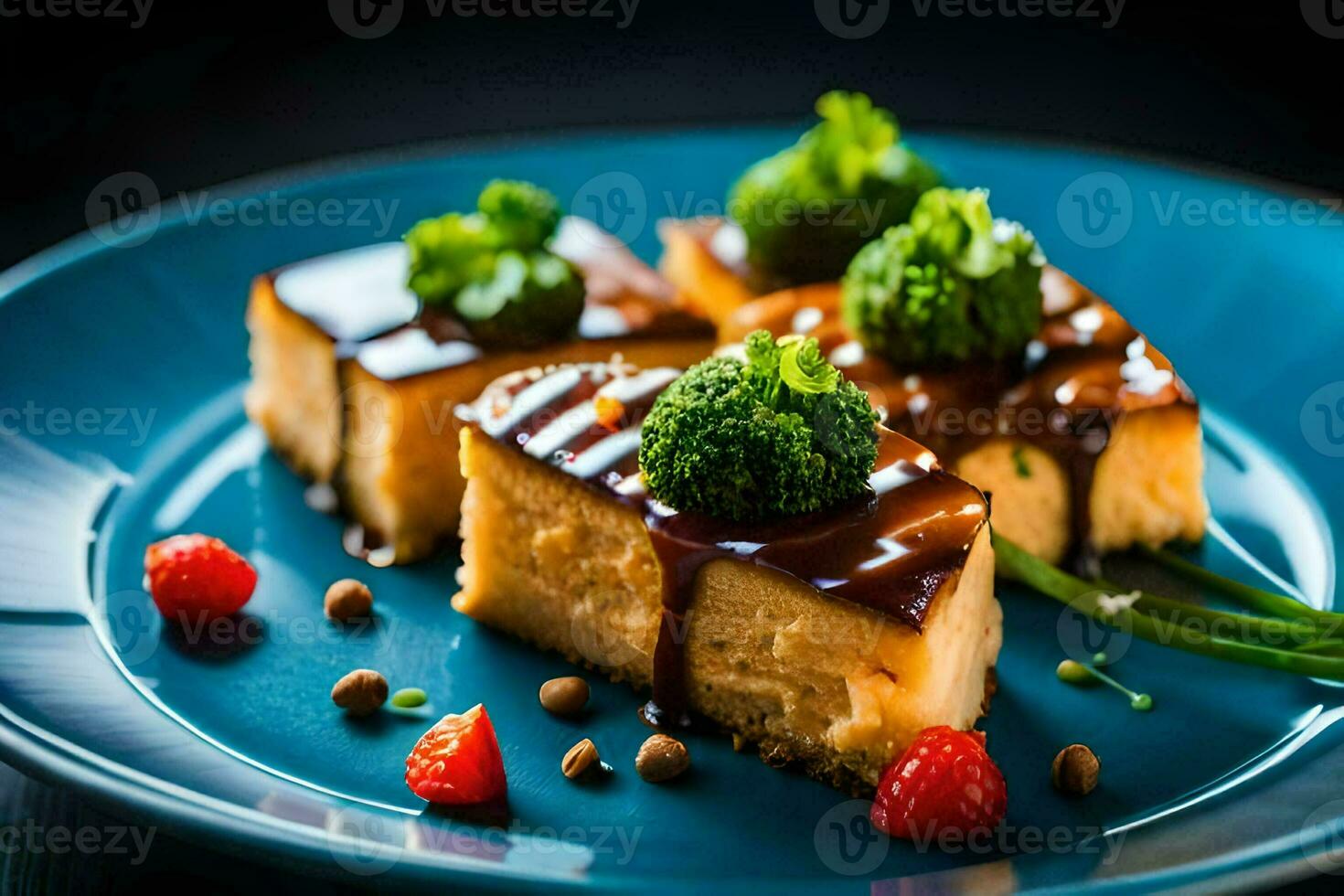 cheesecake on a blue plate. AI-Generated photo