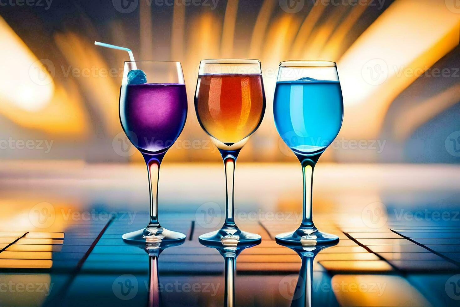 three glasses of colored drinks are shown on a table. AI-Generated photo