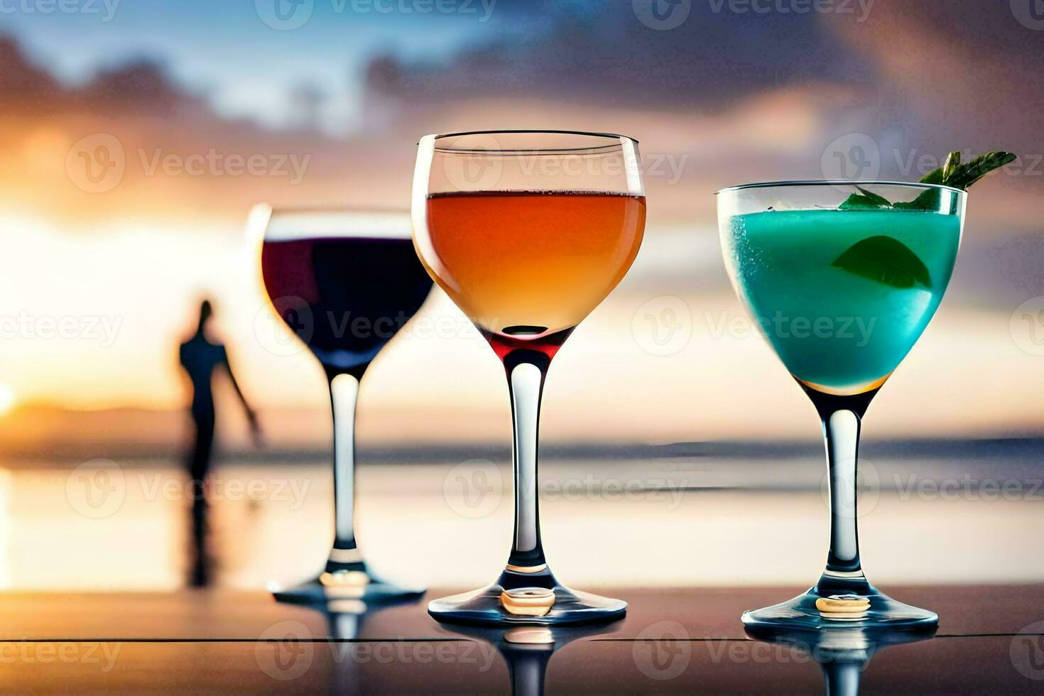 three glasses of different colored drinks on a table. AI-Generated photo