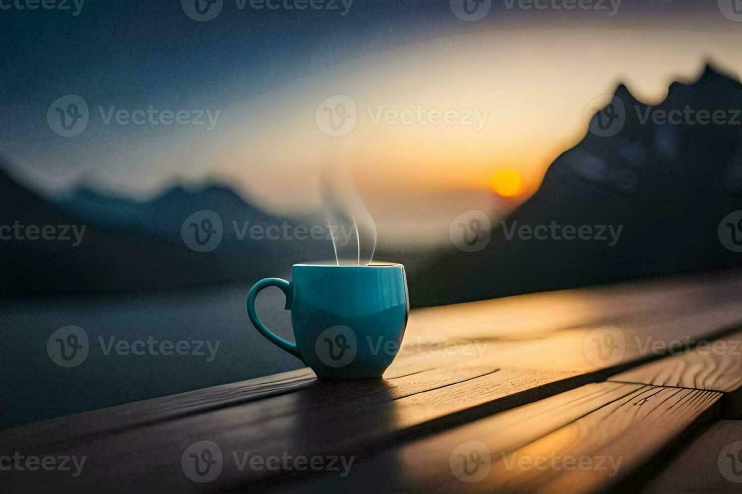 a cup of coffee on a wooden table with a view of the mountains. AI-Generated photo