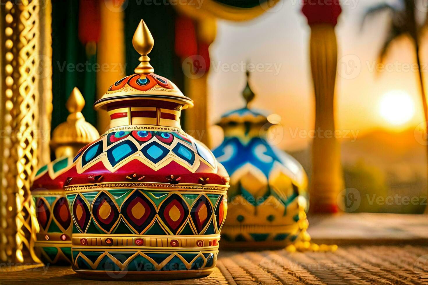 colorful vases on a wooden table with the sun setting. AI-Generated photo