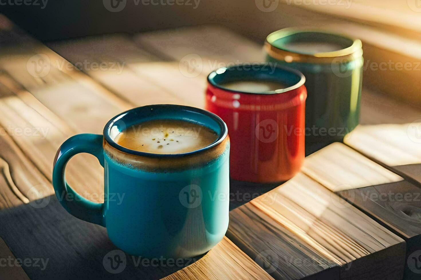 three colorful coffee mugs on a wooden table. AI-Generated photo