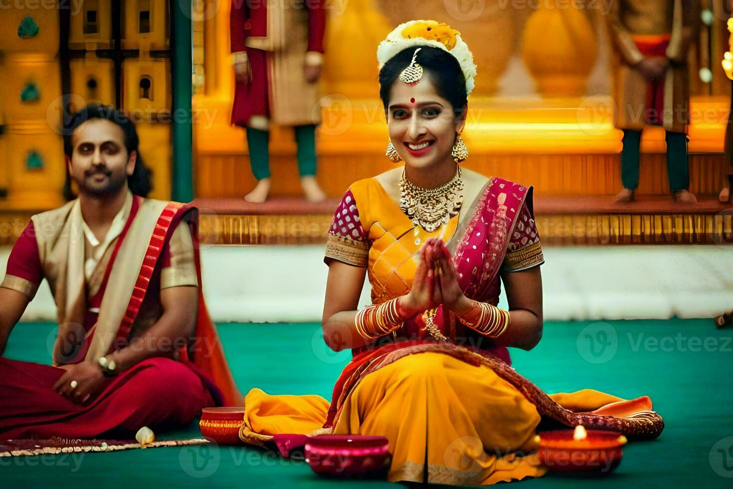 a woman in traditional indian attire sitting on the floor with a man. AI-Generated photo