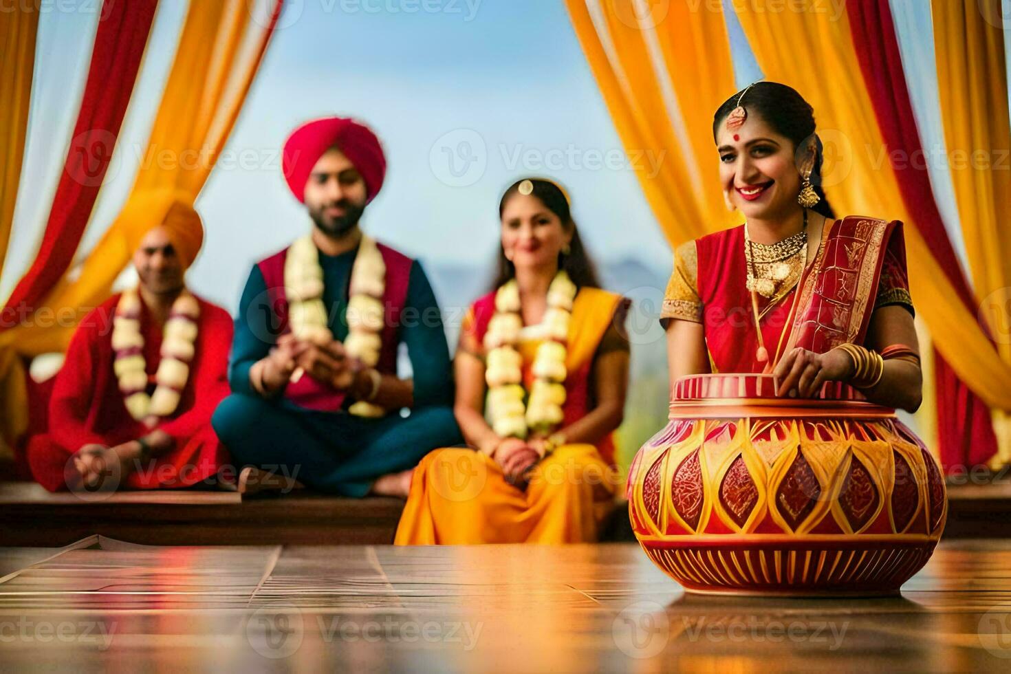 indio Boda ceremonia con un dhol tambor. generado por ai foto