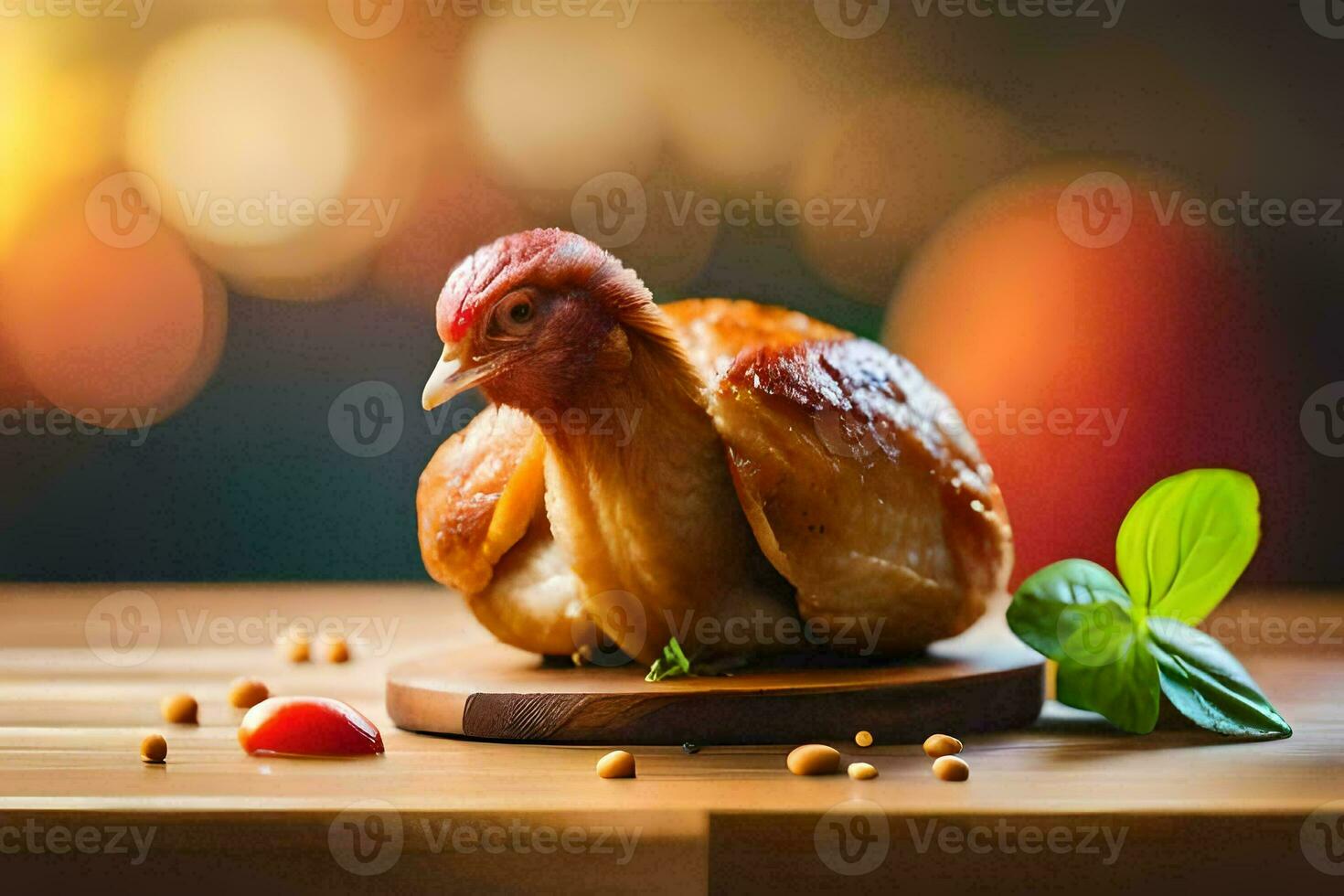 roasted chicken on a wooden table. AI-Generated photo