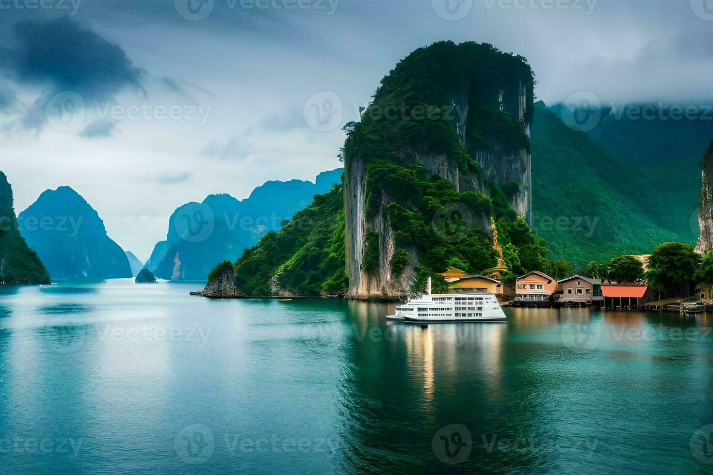 a boat in the water near mountains. AI-Generated photo