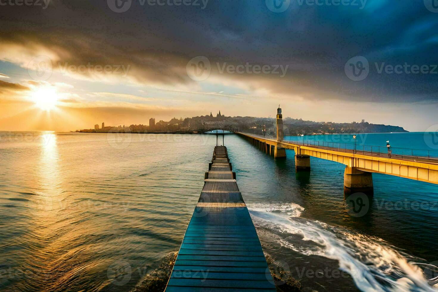 a long pier with a bridge over the water. AI-Generated photo