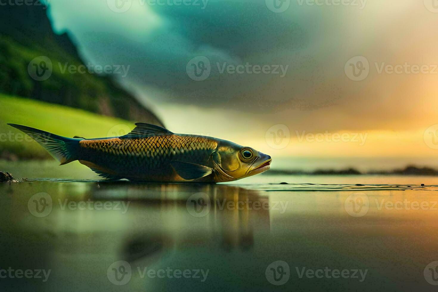 a fish is sitting on the beach at sunset. AI-Generated photo