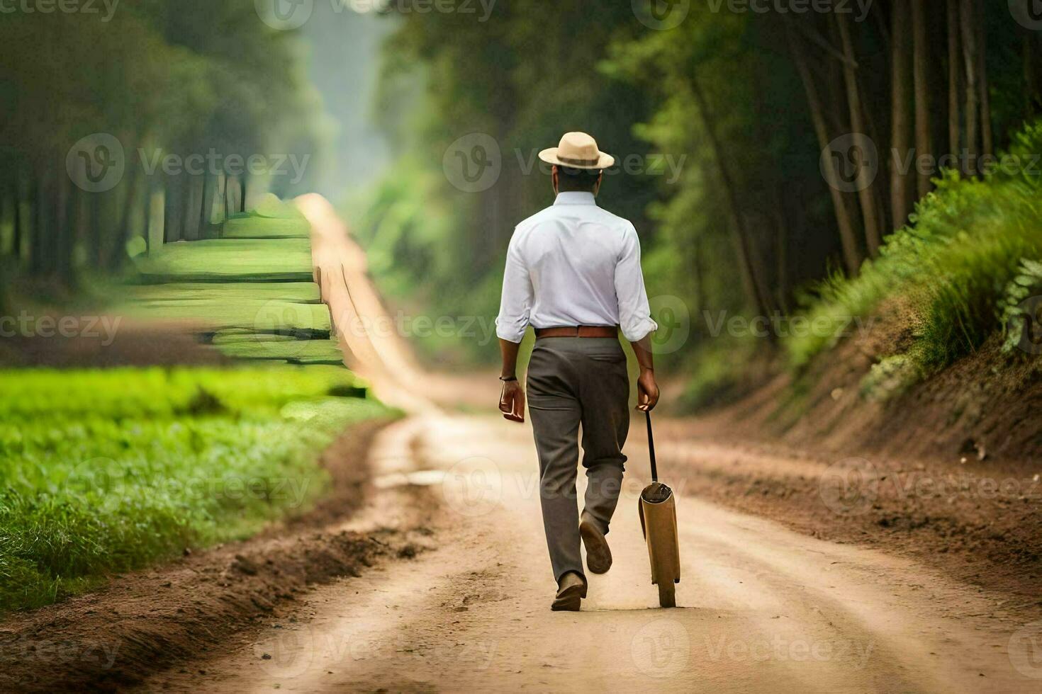a man walking down a dirt road with a suitcase. AI-Generated photo