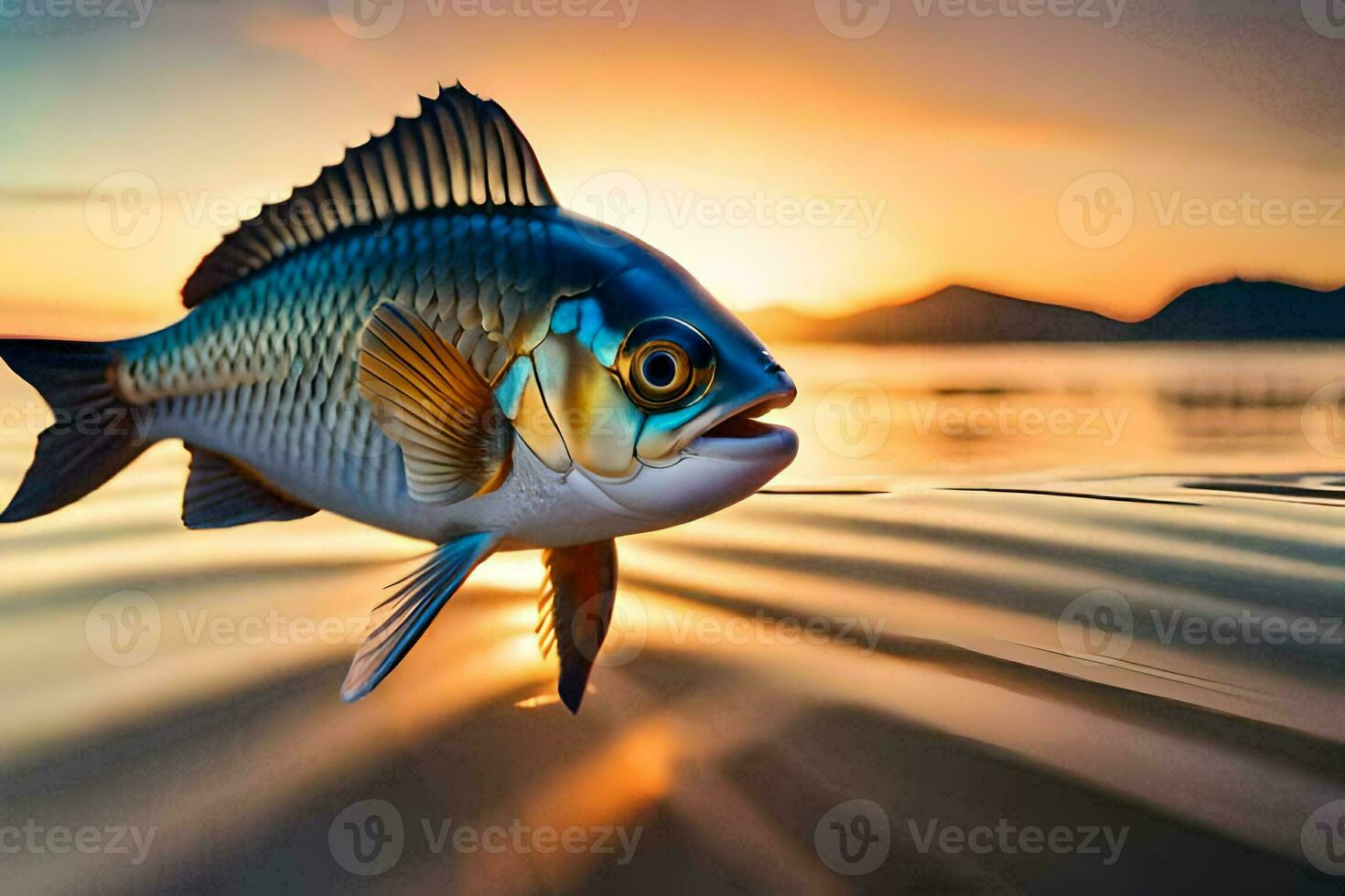 a fish is swimming in the water at sunset. AI-Generated photo