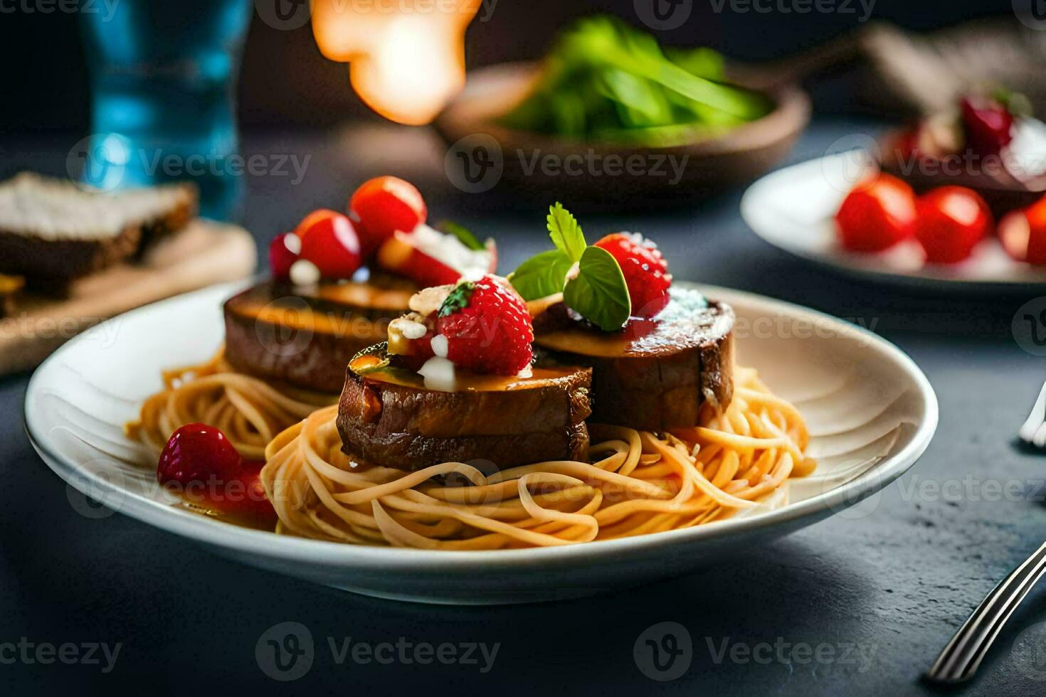 a plate of spaghetti with meat and berries. AI-Generated photo