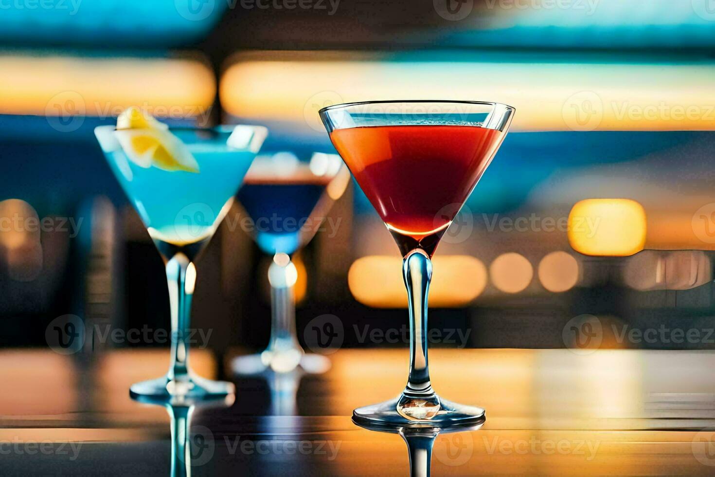 three different colored cocktails sit on a table. AI-Generated photo