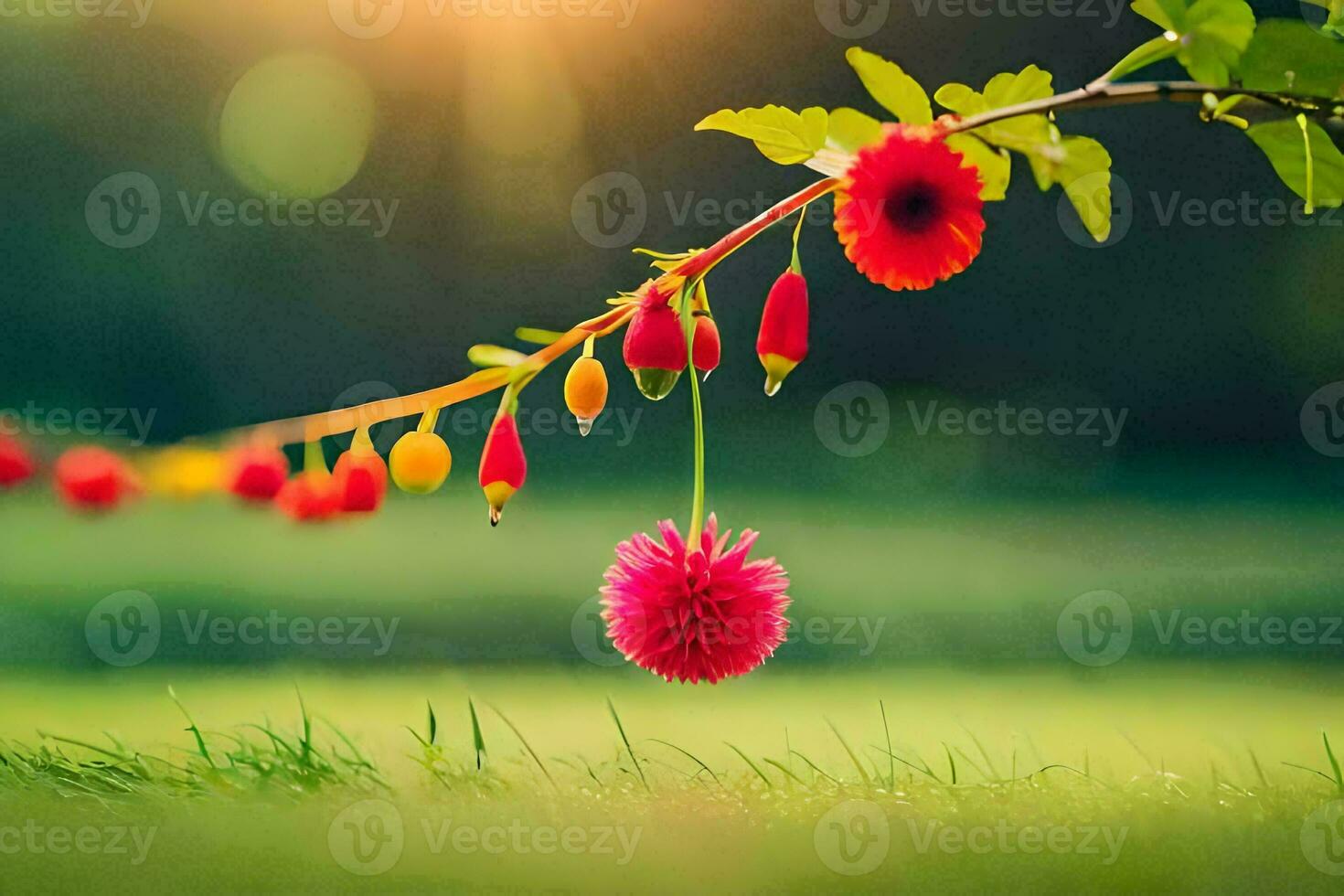 red flowers hanging from a branch in the grass. AI-Generated photo