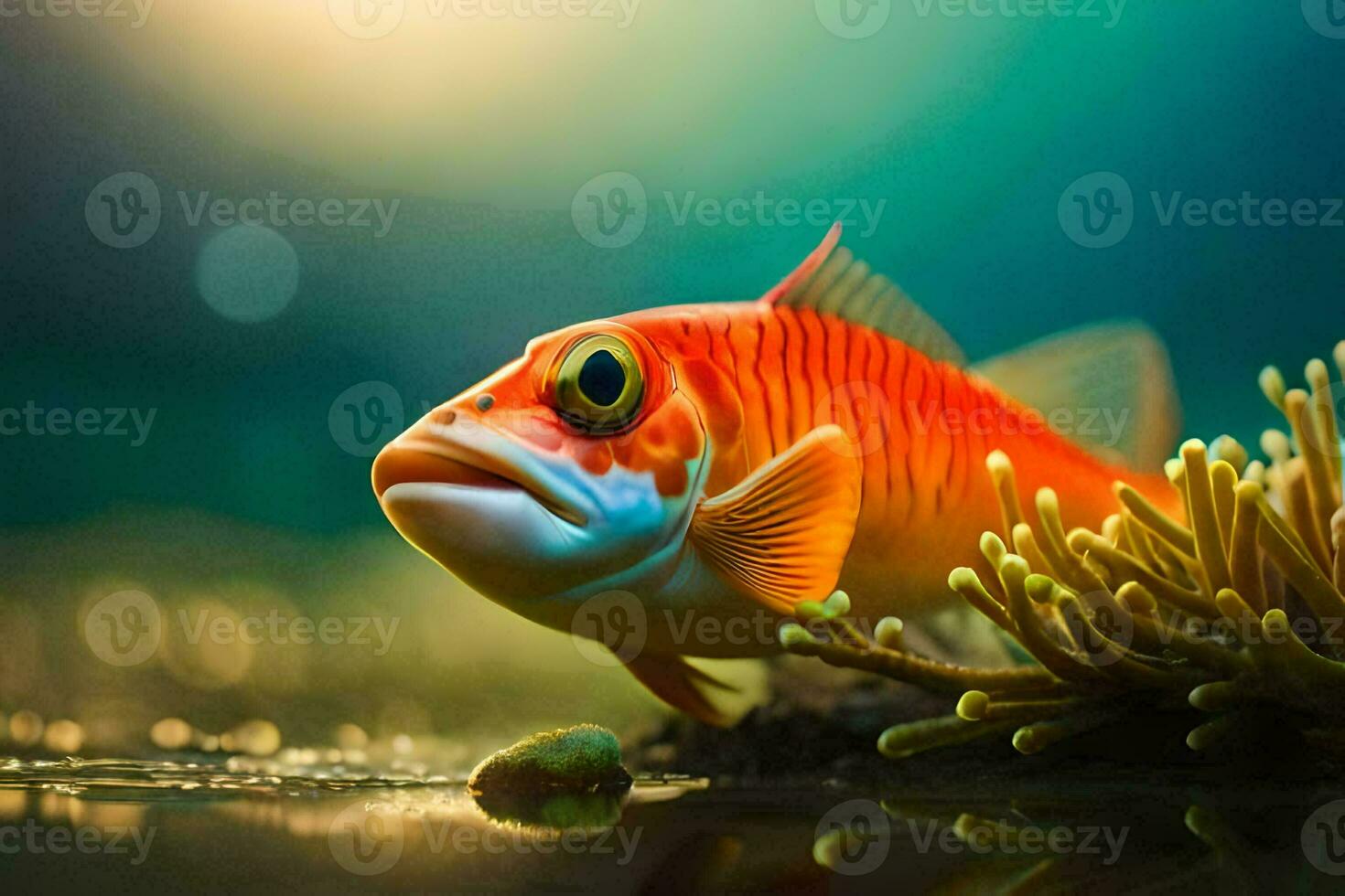 a fish with bright orange eyes and a green background. AI-Generated photo