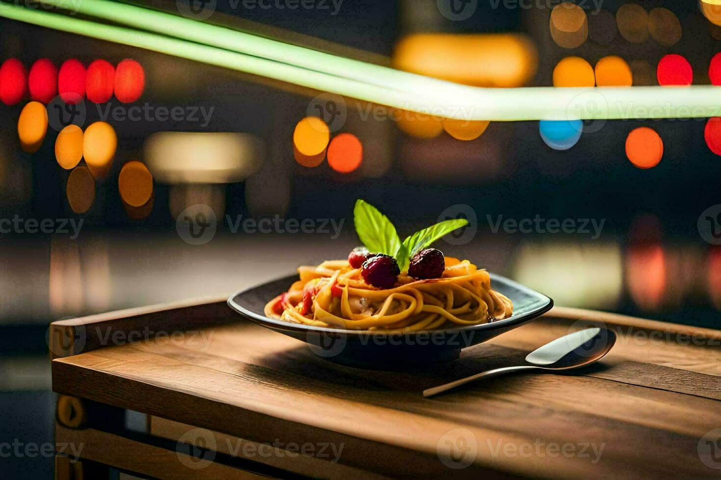 spaghetti with cherry and basil on a wooden table. AI-Generated photo