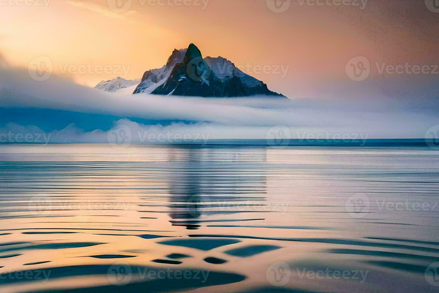 a mountain is reflected in the water at sunset. AI-Generated photo