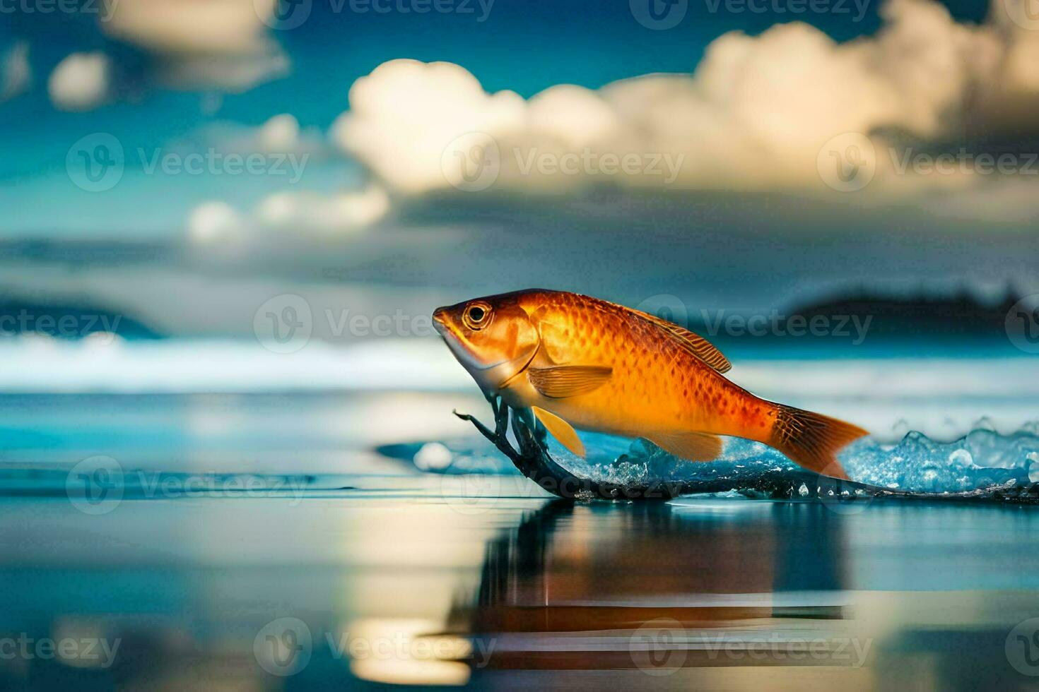 a fish is swimming in the water with a cloudy sky. AI-Generated photo