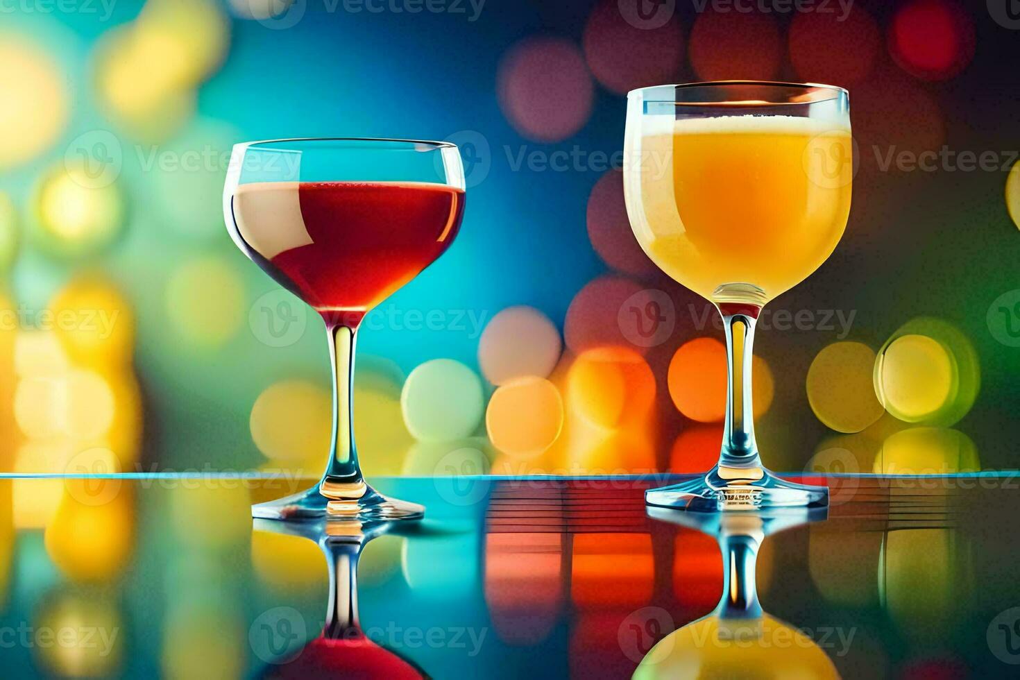 two glasses of wine and juice on a table with colorful lights. AI-Generated photo