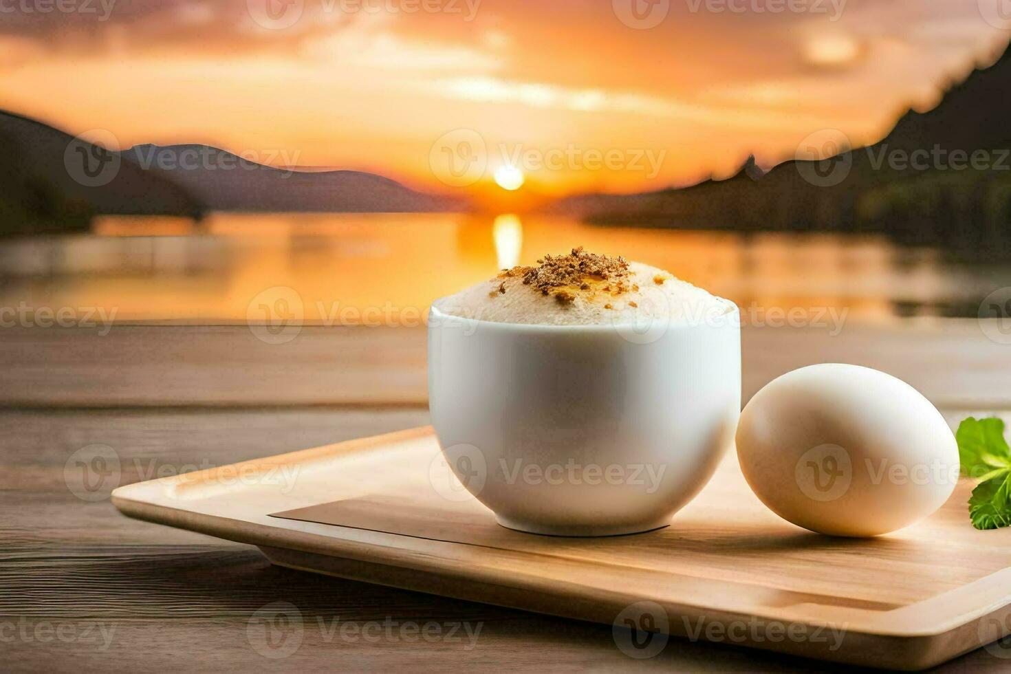 eggs and coffee on a wooden tray in front of the sunset. AI-Generated photo