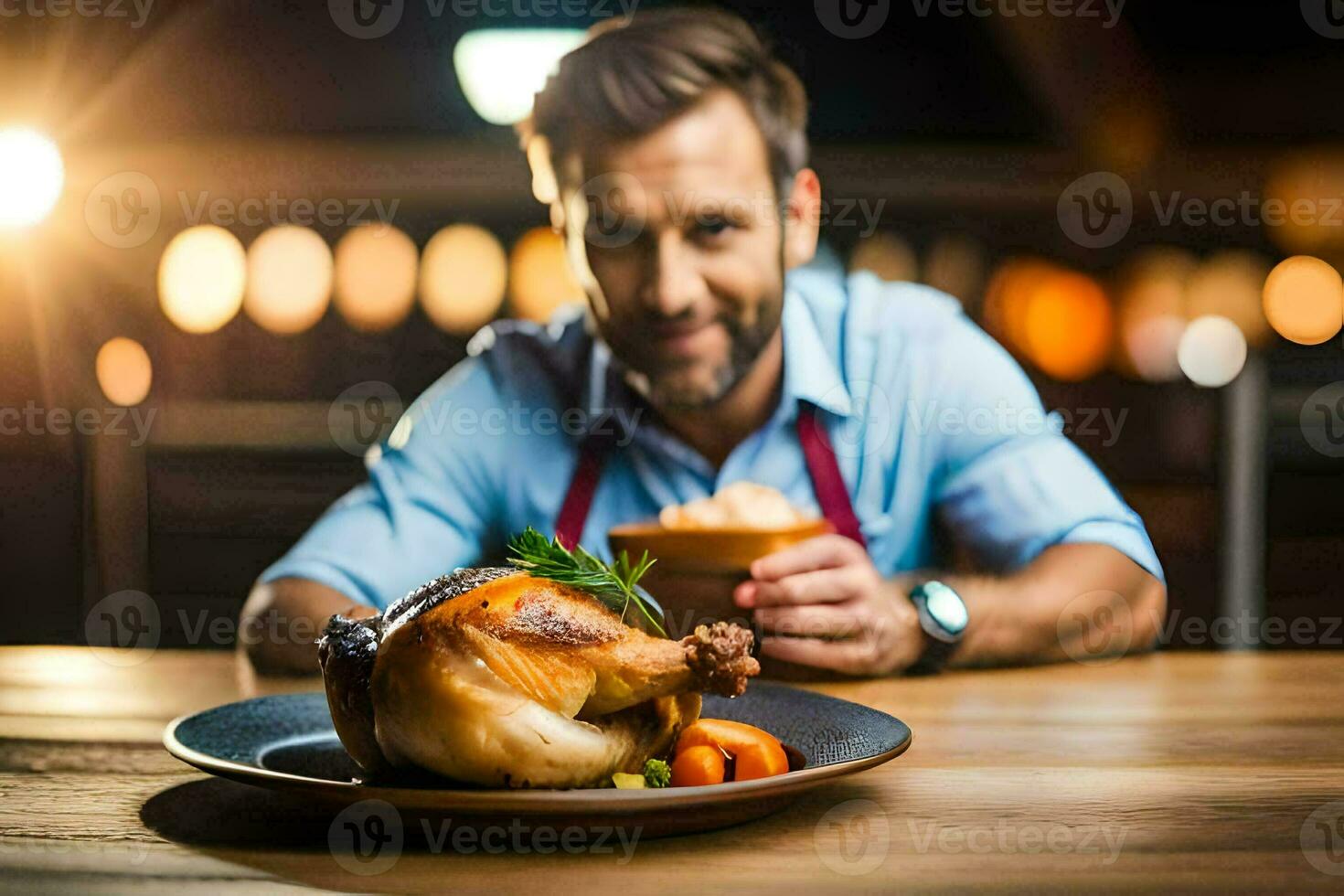 a man is holding a plate with a roasted chicken. AI-Generated photo