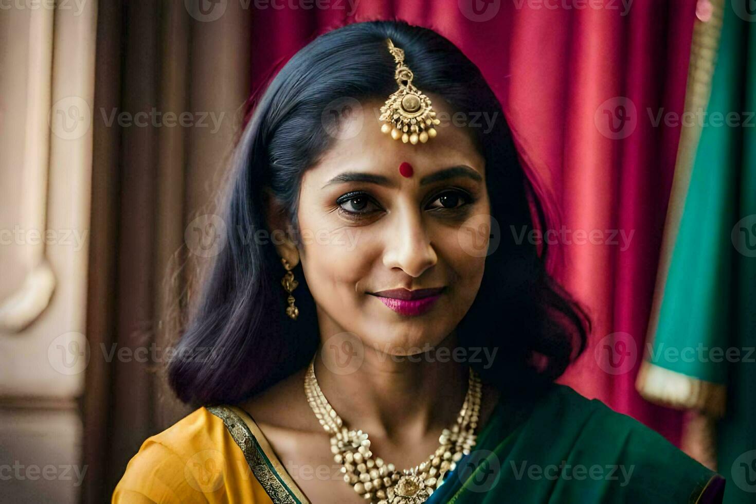 a woman in a sari and gold jewelry. AI-Generated photo