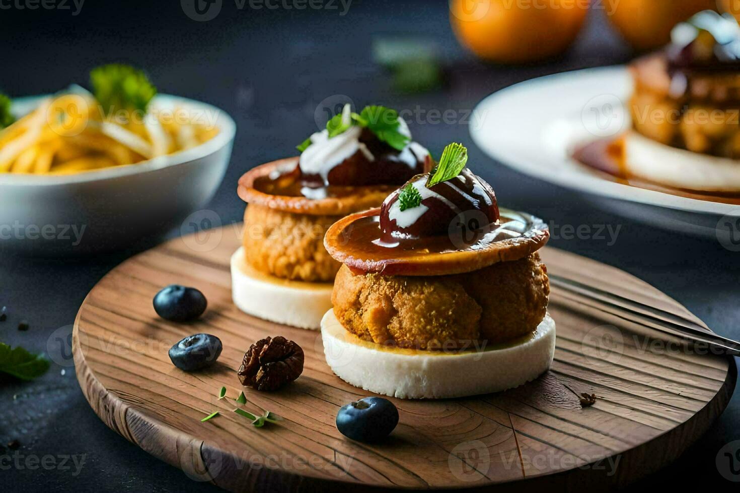 three small cakes with cheese and sauce on top. AI-Generated photo