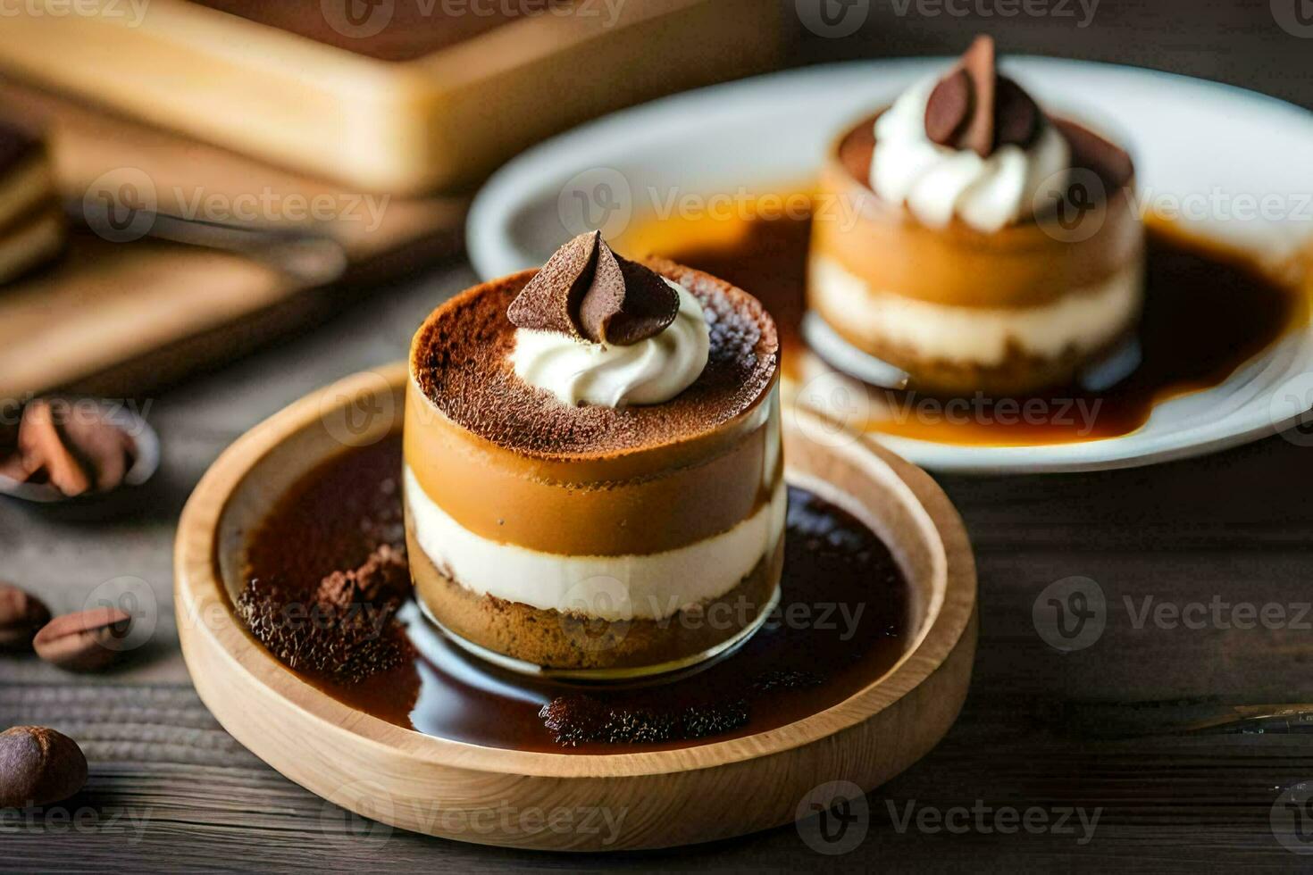 two desserts on a wooden table with chocolate and nuts. AI-Generated photo