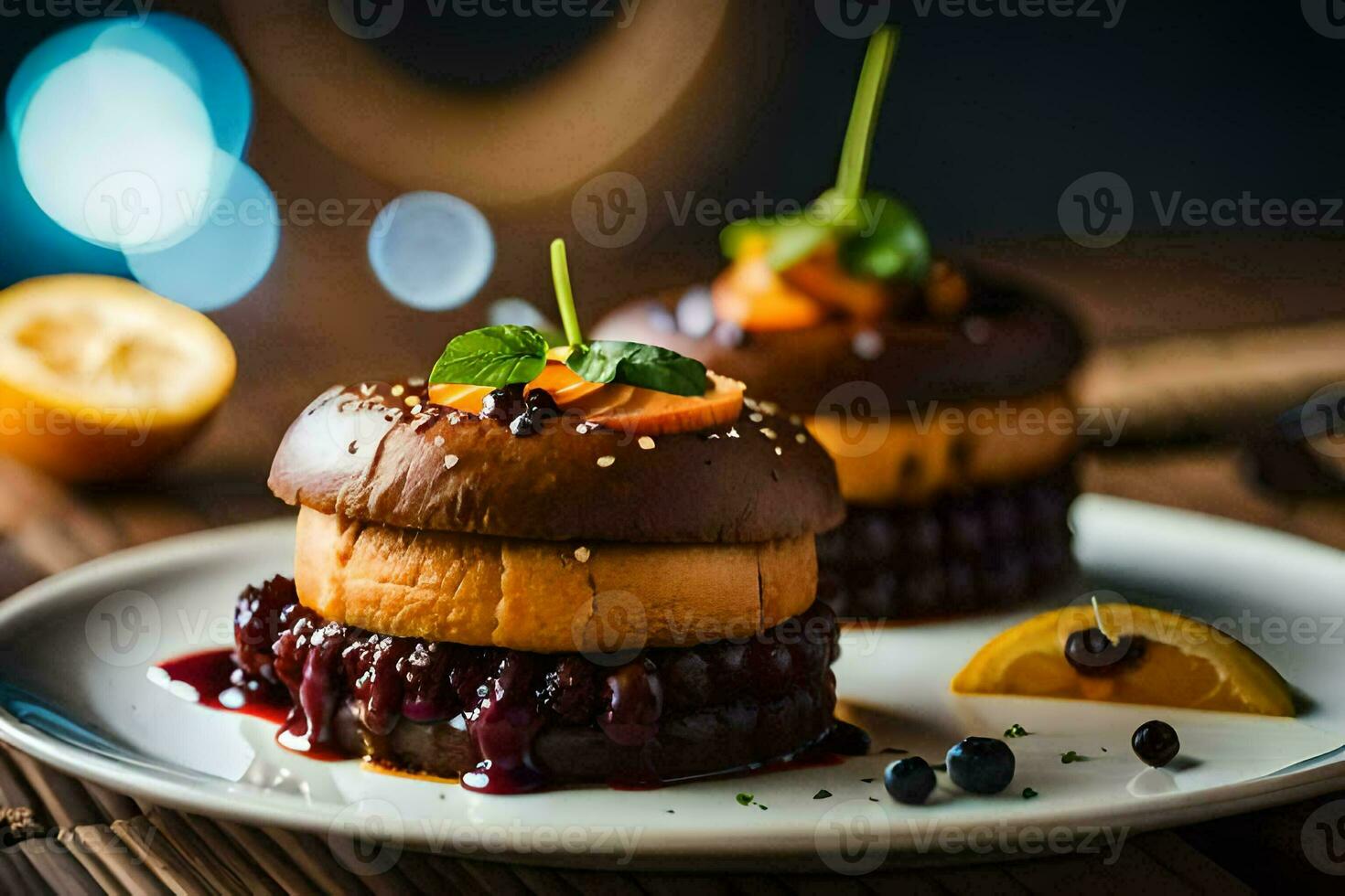 two small cakes on a plate with a slice of lemon. AI-Generated photo