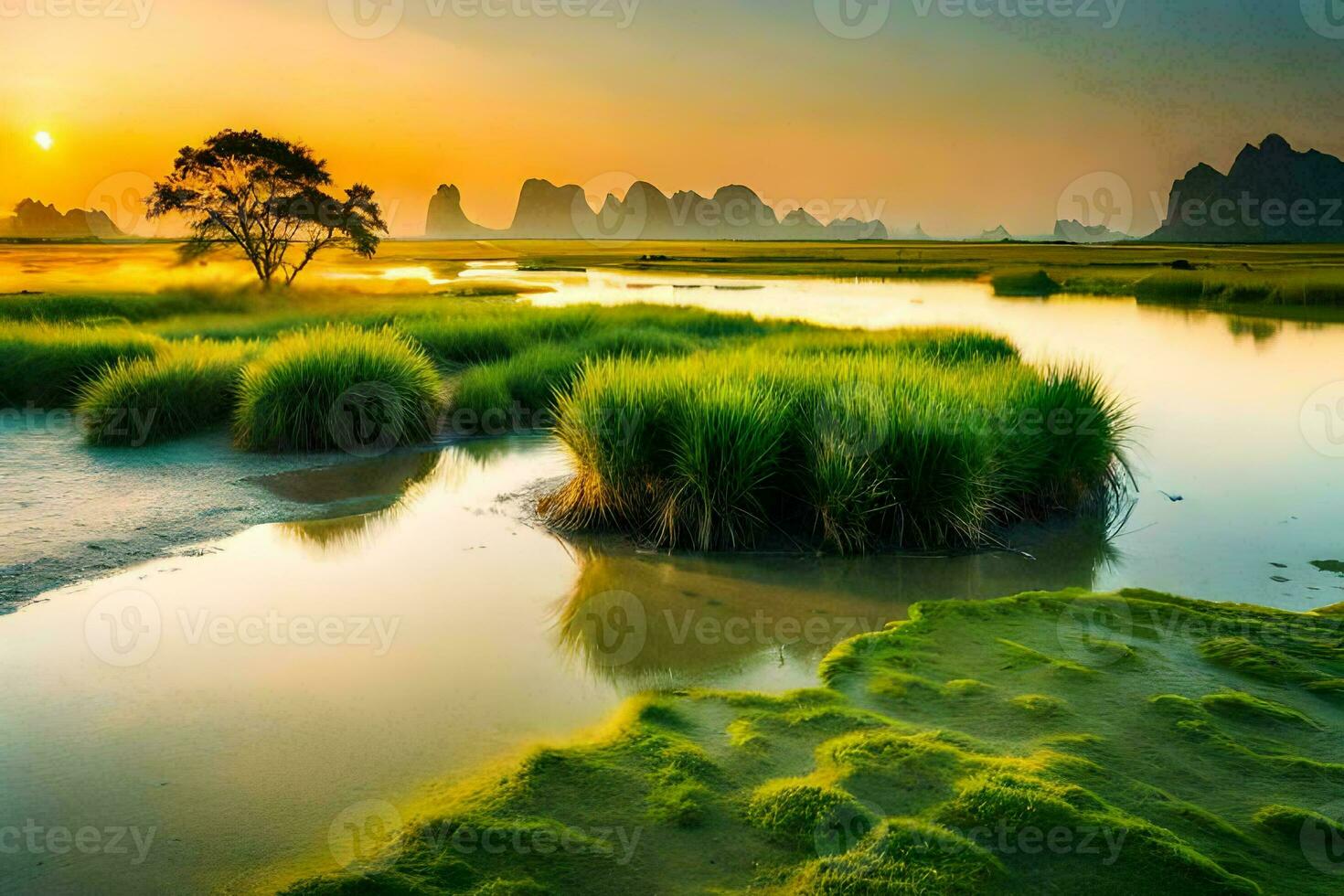 the sunrise over the river. AI-Generated photo